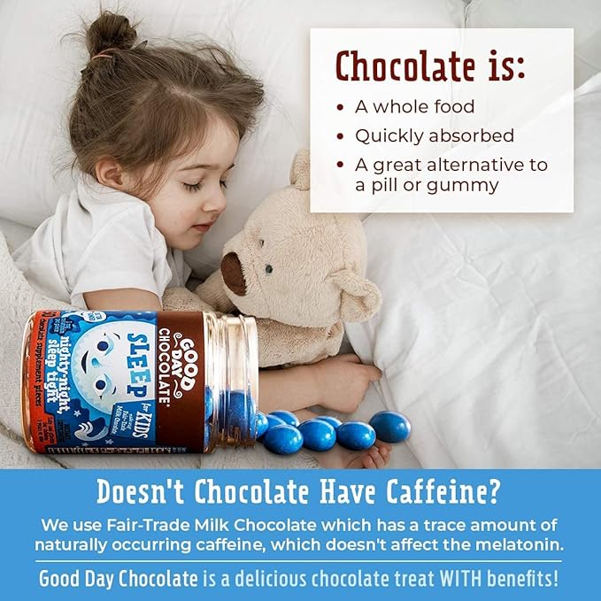 Good Day Chocolate Melatonin for Kids [50 Count] - Fair Trade Non-GMO Chocolate with Chamomile and Melatonin 1 mg - Toddler Melatonin, Kids Natural Sleep Aid for Ages 3 and Up