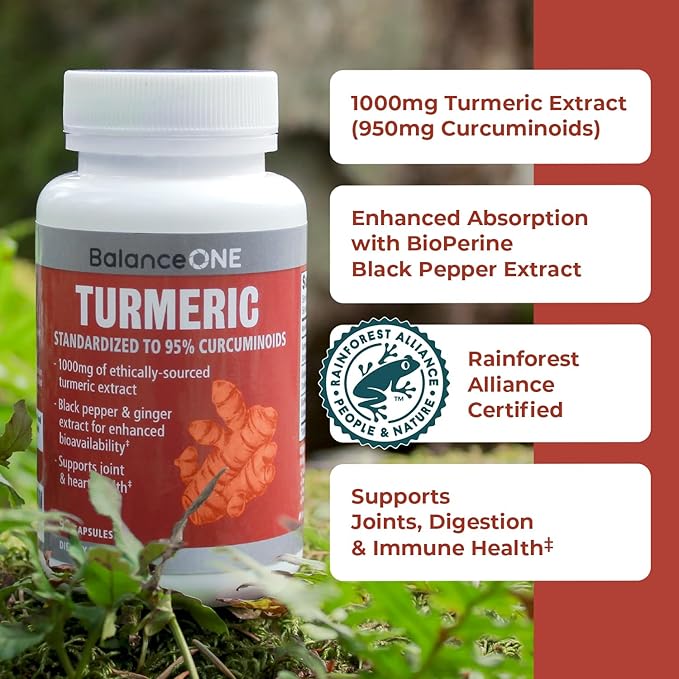 Balance ONE Turmeric Extract 1000mg with Max Strength 95% Curcuminoids - Turmeric Curcumin Supplement for Daily Joint & Immune Support - Ginger Extract and BioPerine - 1 Month Supply