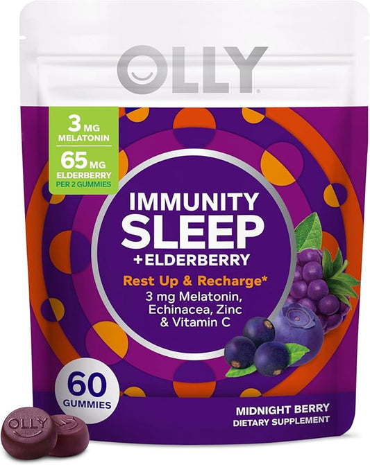 OLLY Immunity Sleep Gummy, Immune and Sleep Support, 3mg Melatonin, Echinacea, Zinc, Vitamin C, Chewable Supplement, Berry - 60 Count