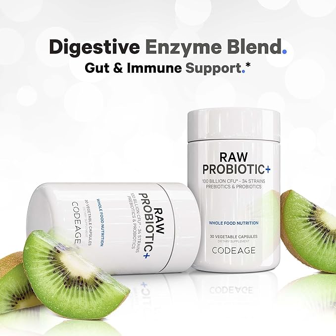 Codeage Raw Probiotic+ Supplement - 34 Probiotic Strains, 100 Billion CFUs, Raw Whole Food Probiotics, Digestive Enzymes, Raw Fruits & Veggies Prebiotics - Wild Kefir Culture - Non-GMO - 30 Capsules