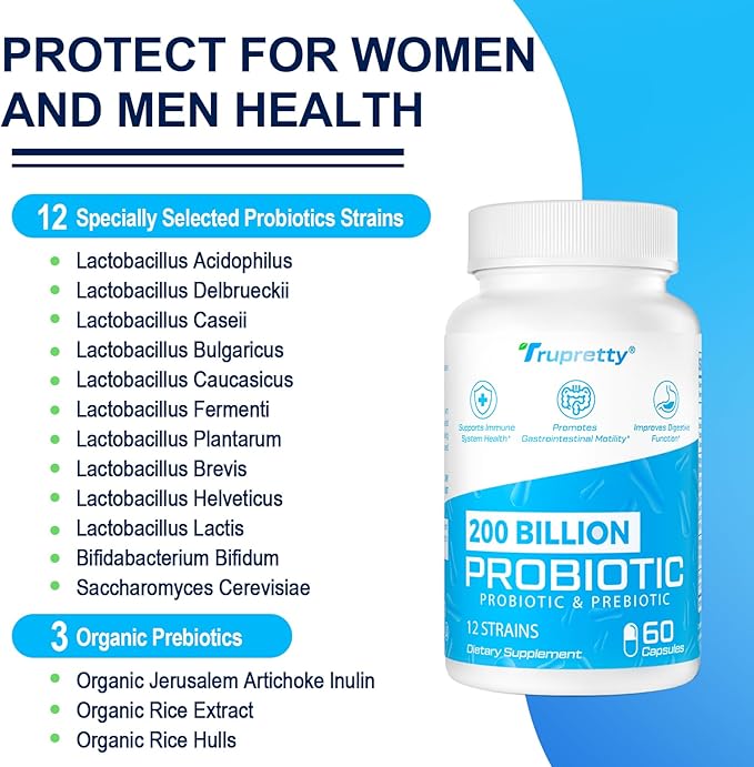 200 Billion Cfus 12 Strains Probiotic, with 3 Organic Prebiotics, Probiotics for Women Men, Daily Supplement for Immune, Gut, Digestive Health, Shelf Stable, Non GMO, 60 Caps (60-Days Supply)