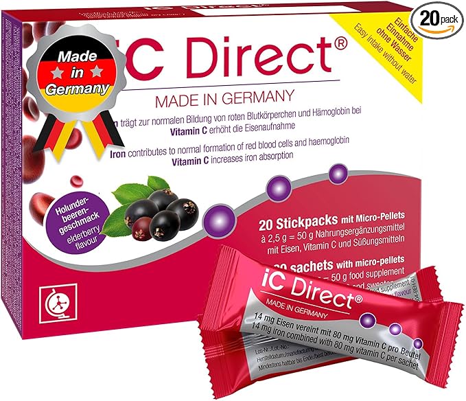 T&D iC Direct Iron, no Water 20 stickpack, Easy to use, Elderberry Flavour with Micro-pellets - no Metal Taste
