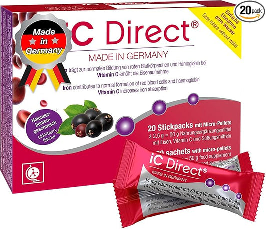 T&D iC Direct Iron, no Water 20 stickpack, Easy to use, Elderberry Flavour with Micro-pellets - no Metal Taste