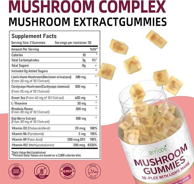 10x Mushroom Gummies: Sugar-Free Adaptogenic Blend with Lion's Mane Reishi Cordyceps Chaga for Stress Relief Focus Natural Calmness 1600mg per Serving 60 Count
