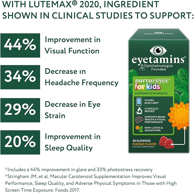 Nurtureyes Eye Health Gummy for Kids - 30 Easy-to-Chew, Mango Gummies - Ophthalmologist- Created Kids Eye Vitamins - Natural, Vegan, and Non-GMO Formula