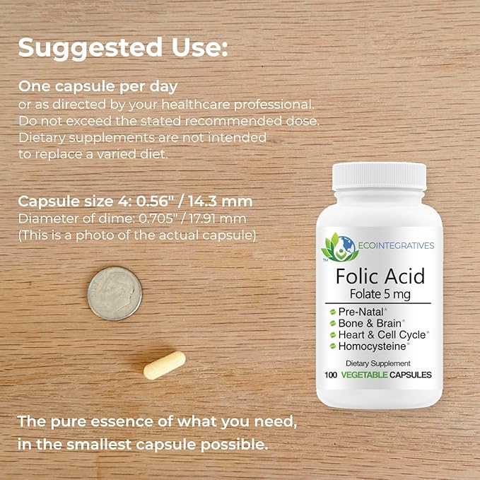 Folic Acid Folate 5mg (B9) Prenatal, Reproductive Health, Homocysteine, Metabolism, Cardiovascular, Bone, Immune Support, Allergen Free, Non GMO - 100 Vegan Capsules