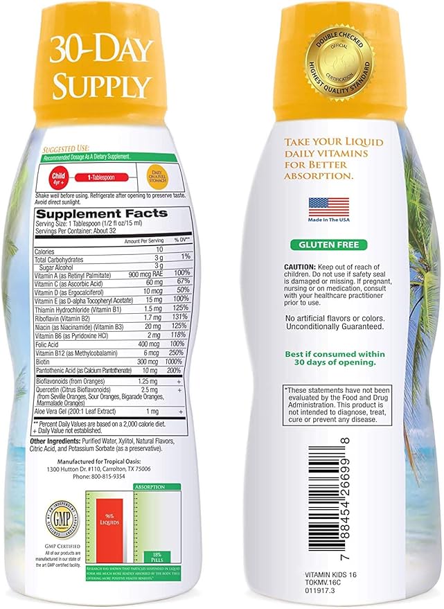 Premium Liquid Multivitamin For Kids | Sugar Free Kids Vitamins | 100% DV of 14 Vitamins for Kids | Multivitamin for Children Ages 4+ | Great Tasting, Non-GMO, Max 98% Absorption Rate- 16 oz, 32 Serv