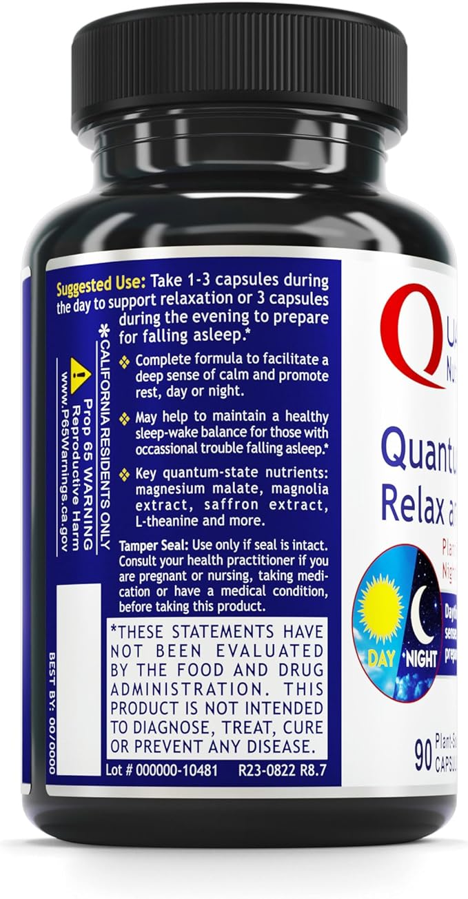 Quantum Nutrition Labs Quantum Relax and Slumber - Sleep Supplement with Magnesium Malate & L-Theanine, Natural Calm Complex with Lemon Balm & Valerian Root for Women & Men - 90 Capsules