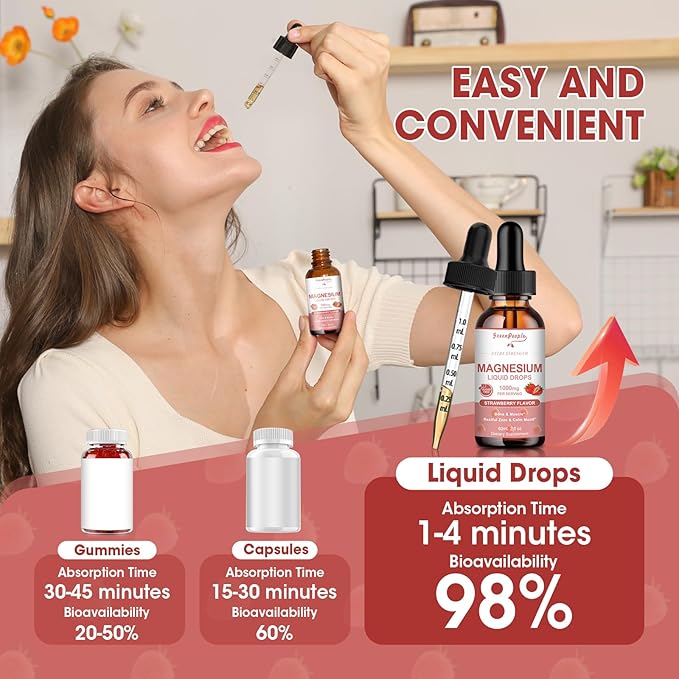 Magnesium Glycinate Liquid Drops - 1000mg 5-in-1 High Absorption Liquid Magnesium Complex with D3/K2/B6 | Fast-Acting, Bone, Muscle & Sleep | Sugar-Free Strawberry Flavor, 2fl Oz