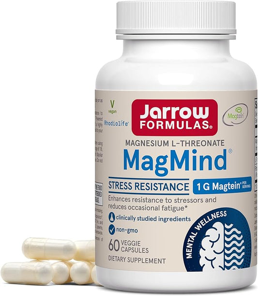 Jarrow Formulas Magnesium L-Threonate, MagMind Stress Resistance with L-Theanine and Rhodiolife, High Absorption Magnesium, Stress Relief and Mood Support, 60 Veggie Capsules, Up to a 30 Day Supply