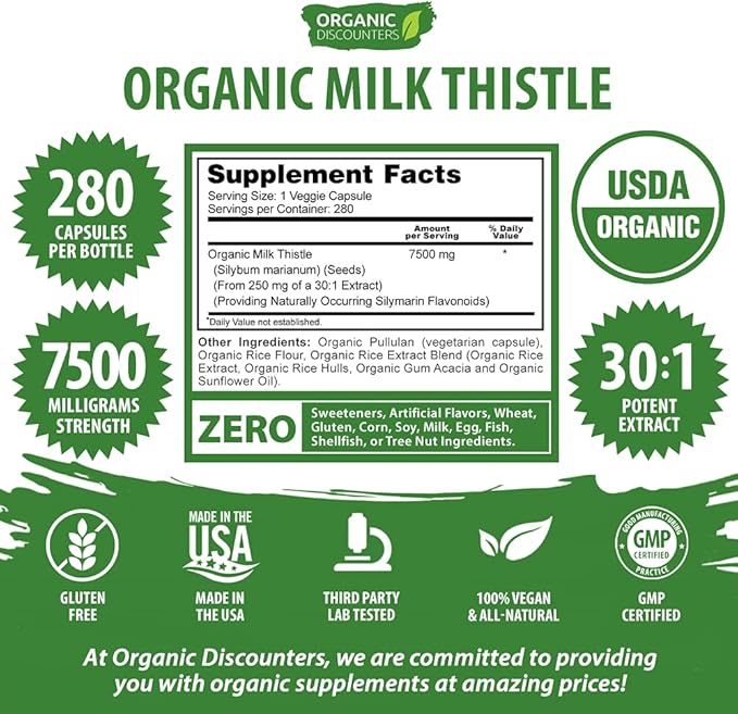 Milk Thistle Capsules, 280 Count, 7500 mg Strength, Potent 30:1 Extract, USDA Certified Organic, Rich in Silymarin Flavonoids, Vegan, Non-GMO and All-Natural