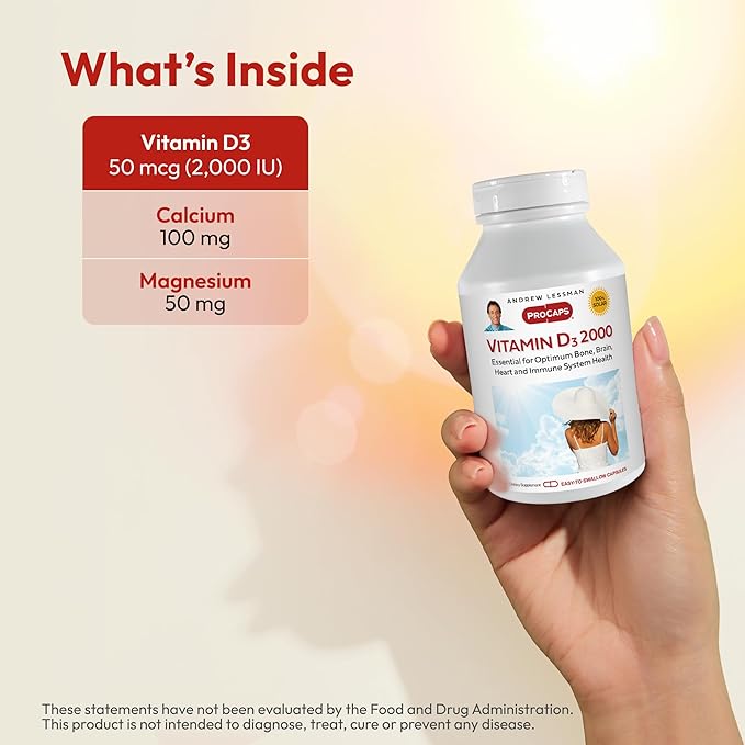 ANDREW LESSMAN Vitamin D3 2000 IU 60 Capsules - High Potency, Essential for Calcium Absorption, Supports Bone Health, Healthy Muscle Function, Immune System, More. Small Easy to Swallow Capsules