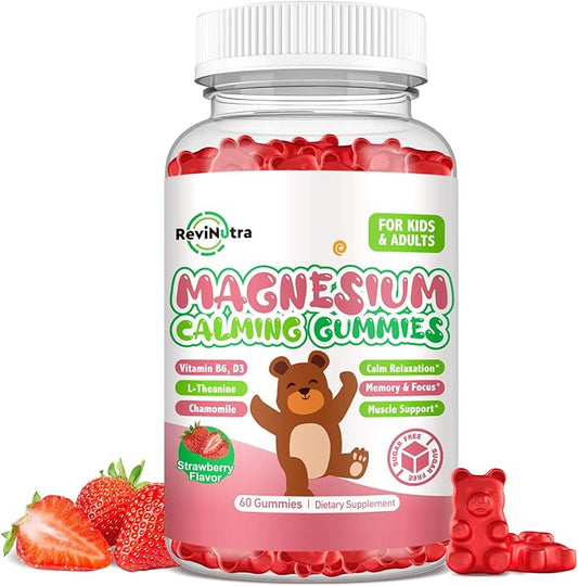 Magnesium Gummies for Kids - Magnesium Glycinate, L-Threonate Supplement with L-Theanine, Vitamin B6, D3 for Adults & Kids Sleep, Calm, Relaxation, Brain, Bones, Sugar Free Strawberry 60ct