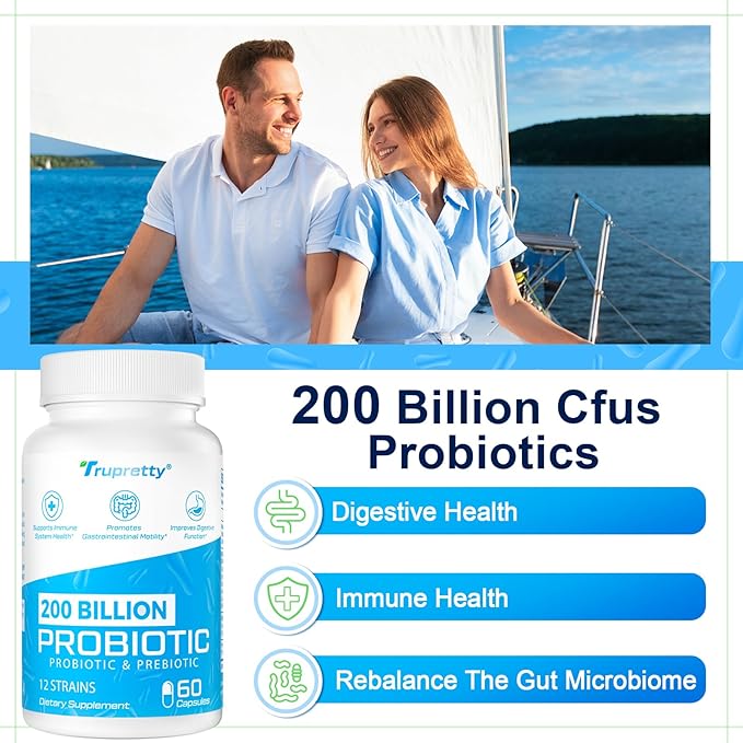 200 Billion Cfus 12 Strains Probiotic, with 3 Organic Prebiotics, Probiotics for Women Men, Daily Supplement for Immune, Gut, Digestive Health, Shelf Stable, Non GMO, 60 Caps (60-Days Supply)