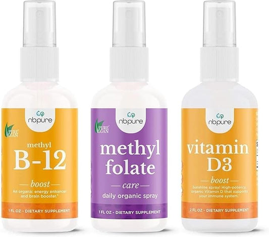 nbpure Essential Vitamin Spray Bundle – Organic Methyl B12, Vitamin D3 & Methylfolate B9 – Natural Energy, Mood, Immunity & Nerve Support – Easy-to-Use Liquid Spray for Women, Men & Kids