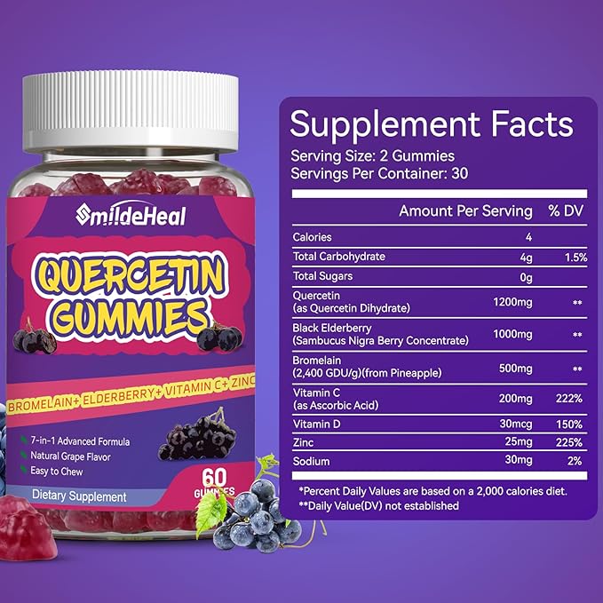 2 Pack Quercetin Gummies 1200MG, Quercetin Gummies with Bromelain, Zinc Vitamin C, Immune System Vegan Gummy for Adult & Kid, 120 Vegan