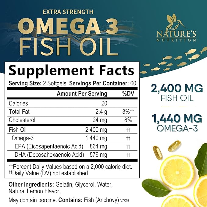 Triple Strength Omega 3 Fish Oil - 2400 mg Natural Omega-3 Supplements Support Brain, Heart & Joint Health with EPA & DHA Essential Fatty Acids - Lemon Flavor, Burpless, Wild Caught - 120 Softgels