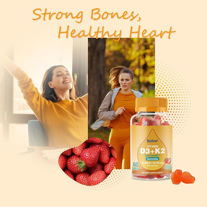 Natural Vitamin D3 K2 Gummies, 2000 IU Vitamin D3 & 100 mcg Vitamin K2,Supports Healthy Bone, Immune Health Supplement, GMO Free, Gluten Free (Strawberry, 60 Count)