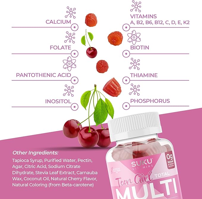 Teen Girl Gummies – Sugar Free Vegetarian Gummy Vitamins Supplement with 19 Essential Nutrients Strengthens Bones, Muscles, Enhances Energy & Skin Health – Cherry Flavor (60 Count)