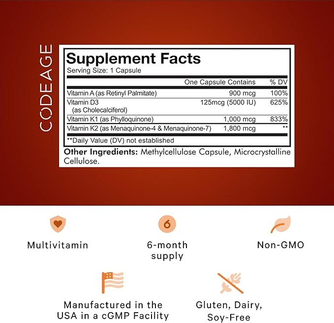 Codeage ADK Vitamins Supplement - Essential Vitamin A, Vitamin D3 5000 IU, Vitamin K1 & K2 (MK4 & MK7) - 6-Month Supply - A D K Vitamins, 1 Capsule per Serving, Non-GMO, Gluten-Free - 2-Pack