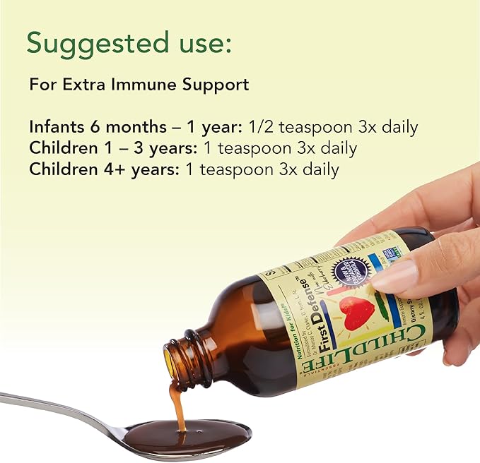 CHILDLIFE ESSENTIALS First Defense - Kids Immune Support, Immune Support for Kids, Toddlers 1-3, Babies 6 Months+, Vitamin Syrup with Elderberry, Zinc, Non GMO, Gluten Free - 4 Fl Oz (Pack of 1)