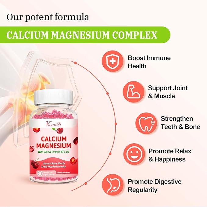 Calcium Magnesium Zinc Gummies, Calcium Magnesium 2:1 Ratio with Vitamin D3 & B12 for Support Muscle, Mood and Immunity, 60 Vegan Cherry Flavor Gummies