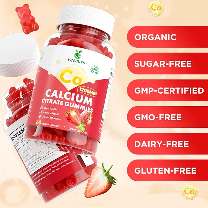 Calcium Citrate Gummies 1200mg, Chewable Calcium Supplements for Women & Men, Sugar Free Calcium Gummies for Bone, Muscle & Immune Support, Strawberry Flavor 60 Count