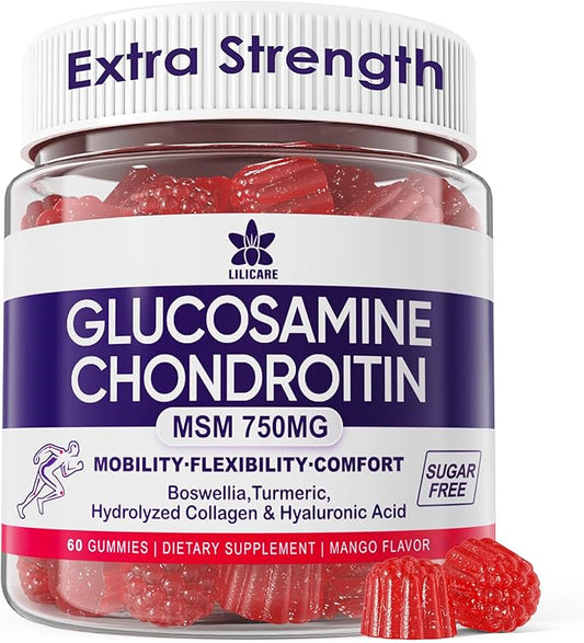 Glucosamine Chondroitin Gummies with MSM, Boswellia Turmeric, Hydrolyzed Collagen & Hyaluronic Acid, Extra Strength Supplement for Mobility, Comfort, Flexibility, Cartilage and Bone Health, 60 Cts