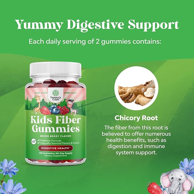 High Prebiotic Fiber Gummies for Kids - Dietary Fiber Supplements for Digestion & Constipation - Chicory Root Kids Immune Gummies - Non-GMO & Vegan Digestive Nutritional Supplements - 120 Count