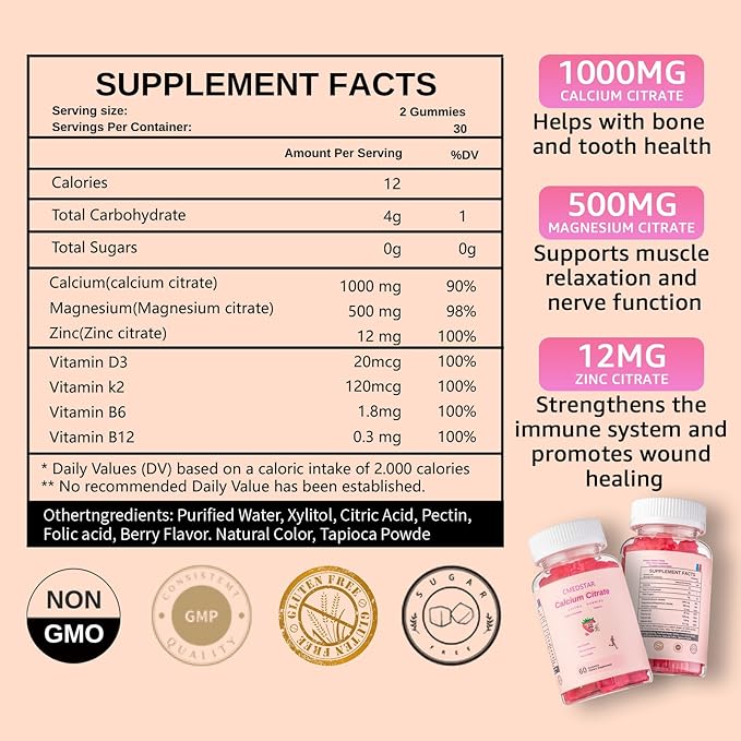 Chewable Calcium Citrate Gummies 1000mg with Vitamin D3 & K2, B6 & B12, Magnesium, Zinc for Bones, Muscles & Joints,Immunity & Memory Support,Sugar-Free, Gluten Free, Vegetarian, Strawberry, 60 Count