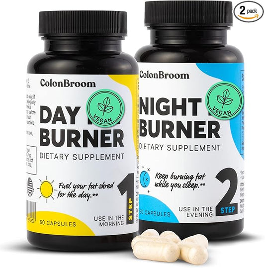 ColonBroom Day & Night Burner Supplements, Pills for Women/Men with Inulin, L-carnitine, Coenzyme Q 10, Grain of Paradise and More, Colon Broom 60 Vegan Capsules Per Container