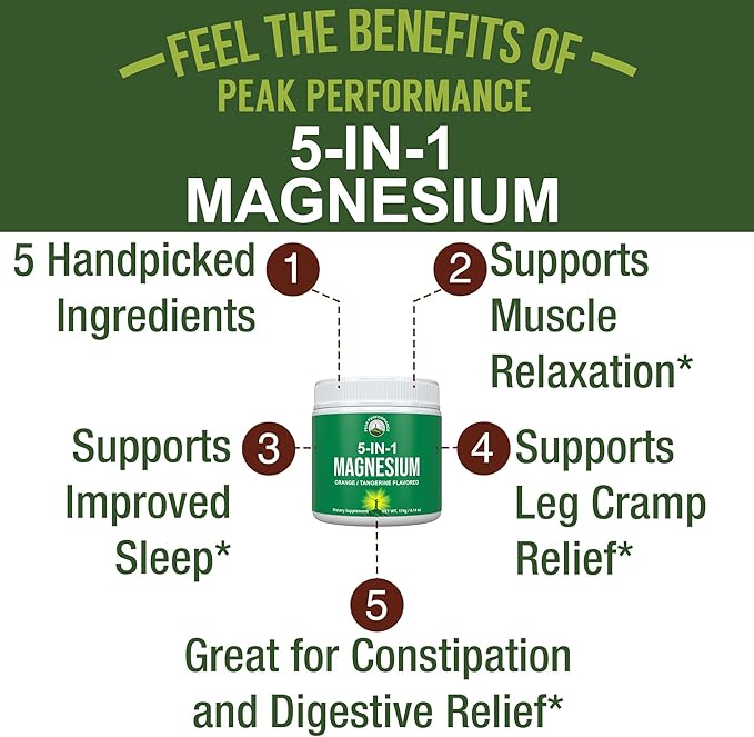 5-in-1 Magnesium Powder Drink for Women & Men. Magnesium Glycinate + Citrate + Malate + Chelate + Taurate. Great Tasting Vegan Supplement for Muscle Relaxation, Sleep, Cramps. Orange Flavor