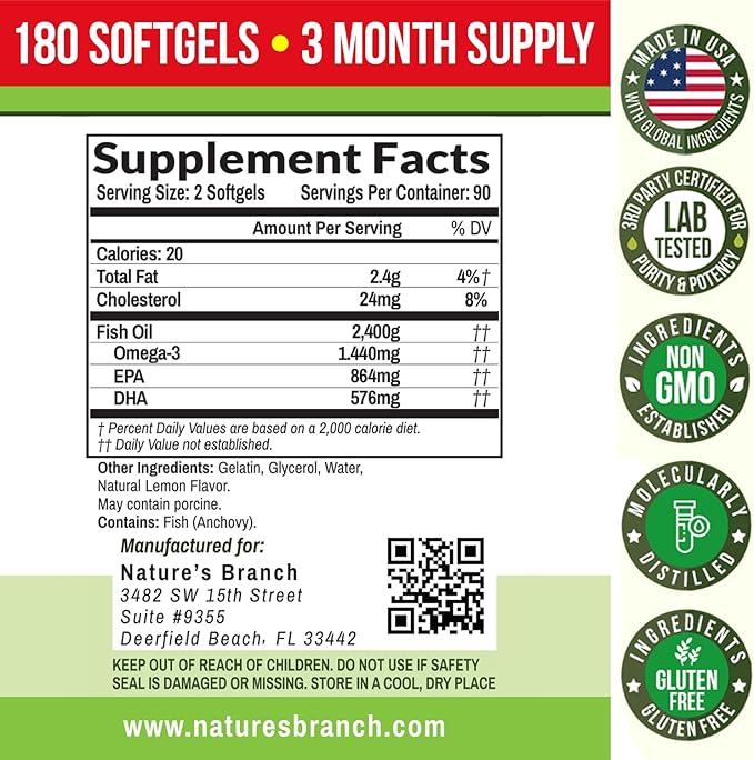 Best Triple Strength Omega 3 Fish Oil Pills - 180 Capsules - 2400mg High Potency Burpless Lemon Flavor 864mg EPA 576mg DHA Ultra Pure Liquid Softgels for Brain Joints Eyes Heart Health Supplement