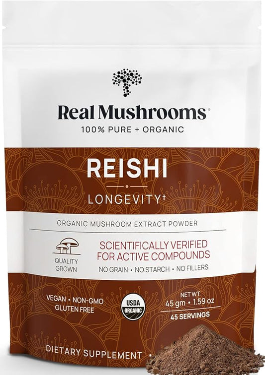 Real Mushrooms Reishi Powder - Organic Mushroom Extract Supplement with Potent Red for Longevity, Mood, Sleep, Immune Support Vegan Supplement, Non-GMO, 45 Servings