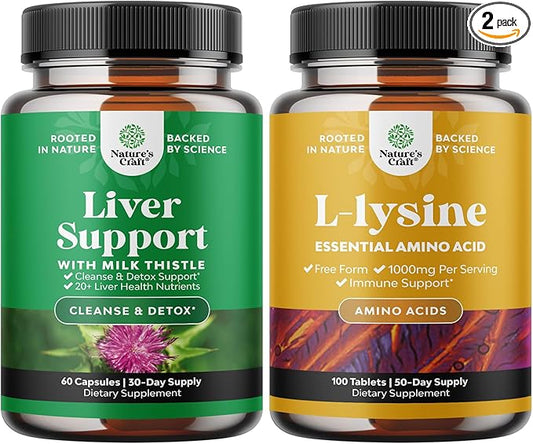 Bundle of Milk Thistle Liver Support Supplement and L Lysine 1000mg Nutritional Supplements - Herbal Liver Supplement with Silymarin Milk Thistle - L-lysine Essential Amino Acids Supplement