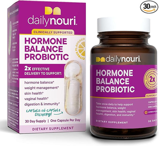 Daily Nouri Hormone Balance Probiotic for Women | Capsules for PCOS, Vaginal pH, Yeast Balance, Skin Health, Digestion & Immunity-7 Probiotic Strains-Vegan Ahiflower Omega Oil | 30-Day Supply