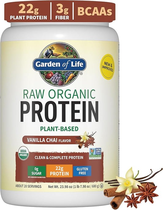 Organic Vegan Vanilla Chai Protein Powder, Garden of Life 22g Plant Based Protein & BCAAs, Organic Protein Powder with Probiotics & Enzymes, Non-GMO, Gluten-Free Lactose Free 1.2 LB