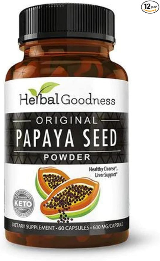 Herbal Goodness Papaya Seeds Capsules 60ct - Provides Health Support for Your Gut and Digestive System- 100% Natural Detox Cleanse for Humans - Body Detox and Colon Broom Formula - 12 Bottles