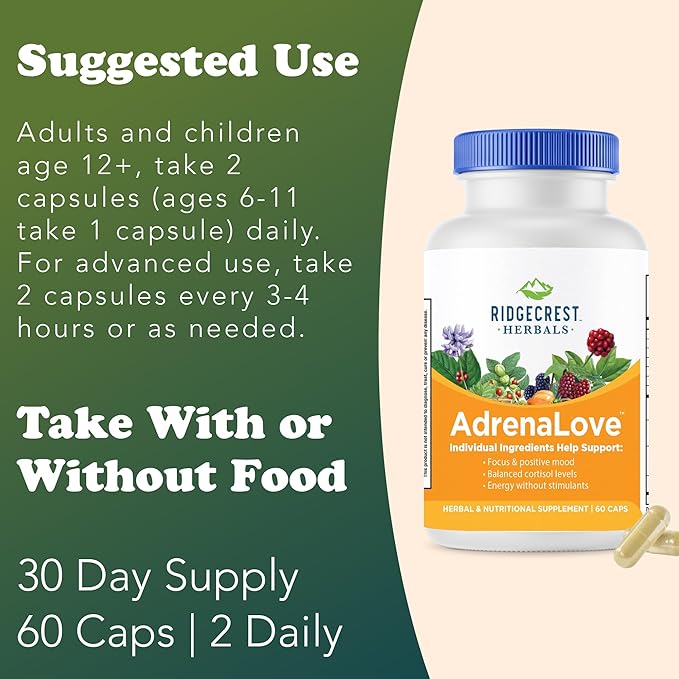 Ridgecrest Herbals AdrenaLove, Stress and Energy Support Supplement with Ashwagandha, L-Theanine, Ginseng, Schisandra, Taurine, Holy Basil, Adaptogens, B Vitamins (60 Vegan Caps, 30 Serv)
