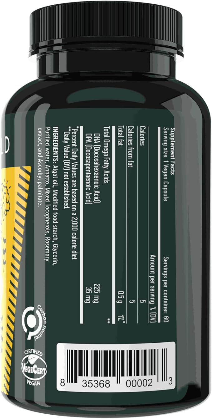 Freshfield Vegan Omega 3 DHA: Algae Oil, Carrageenan Free, Sustainably Sourced, Tested, No Heavy Metals, Replacement for Fish Oil, Carbon Neutral. Supports Heart, Brain, Joint Health w/DPA