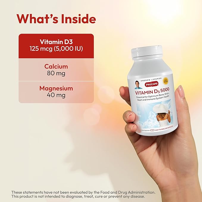 ANDREW LESSMAN Vitamin D3 5000 IU 360 Capsules - High Potency, Essential for Calcium Absorption, Supports Bone Health, Healthy Muscle Function, Immune System, More. Small Easy to Swallow Capsules