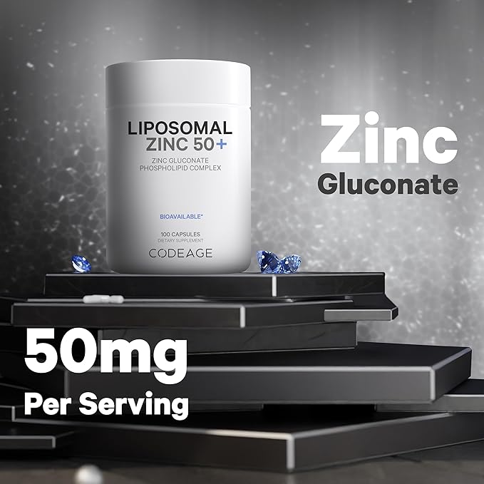 Codeage Liposomal Zinc Supplement – 3 Month Supply – One Per Day - 50 mg Zinc Gluconate Vitamin Pills - Essential Mineral Supplements Zinc Plus Liposomal Delivery Matrix - Vegan Non-GMO - 100 Capsules