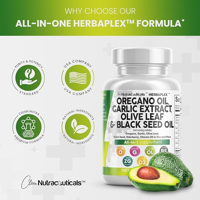 Clean Nutraceuticals Oregano Oil Garlic Extract Olive Leaf Black Seed Oil - Immune Support & Digestive Health Supplement for Women and Men with Vitamin D3 & Zinc - 2Pack