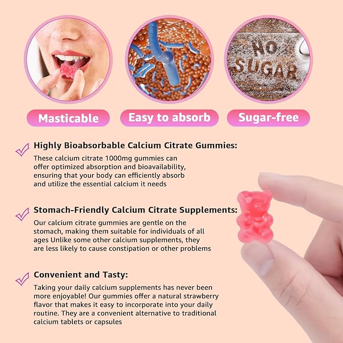 Chewable Calcium Citrate Gummies 1000mg with Vitamin D3 & K2, B6 & B12, Magnesium, Zinc for Bones, Muscles & Joints,Immunity & Memory Support,Sugar-Free, Gluten Free, Vegetarian, Strawberry, 60 Count