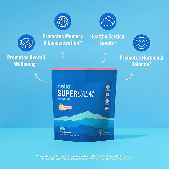 Nello Supercalm Powdered Drink Mix, Raspberry Lemonade, L Theanine, Ksm-66 Ashwagandha, Magnesium Glycinate, Vitamin D 3, Supplements for Relaxation & Focus, No Sugar, Non GMO, On The Go, (2-Pack)