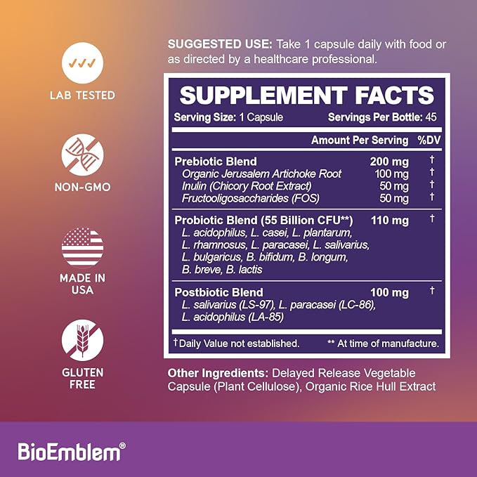 BioEmblem Probiotics for Women & Men – 55 Billion CFU | 11 Strains with Prebiotics & Postbiotics | Jerusalem Artichoke & Inulin | Digestive & Immune Support, Nutrient Absorption | Non-GMO,45 Capsules
