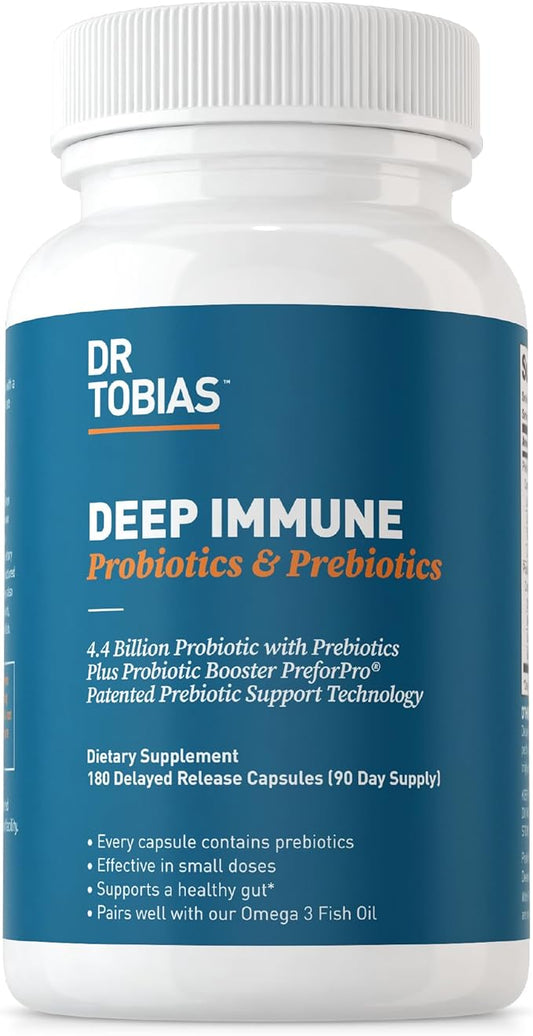 Dr. Tobias Deep Immune Probiotics & Prebiotics, 4.4 Billion CFU Probiotics for Women & Men, Supports Digestive Health, Gut Immune Function, Nutrient Absorption, 180 Capsules, 90 Servings