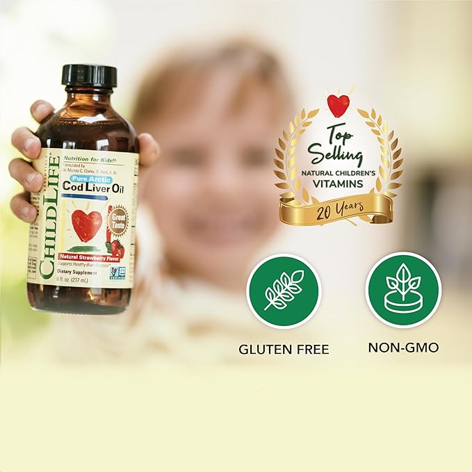 CHILDLIFE Essentials Cod Liver Oil for Kids - Liquid, Arctic Cod Liver Oil for Babies 6+ Months, Toddlers, & Children, Added DHA, EPA, Omega-3 Fatty Acids - Strawberry, 8 fl oz