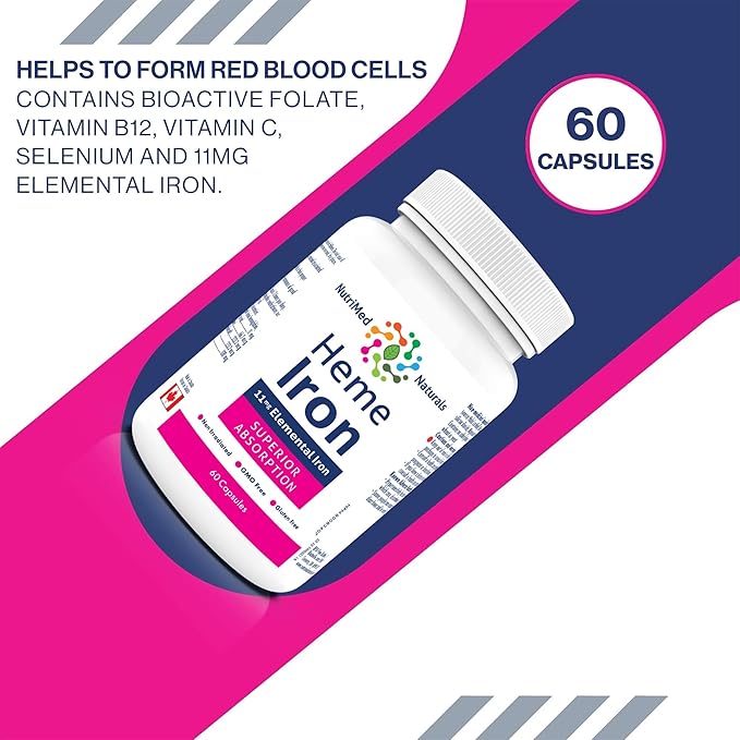 Heme Iron Supplement - 60 Capsules, 11mg Elemental Iron for Superior Absorption - Ideal Iron Supplements for Women