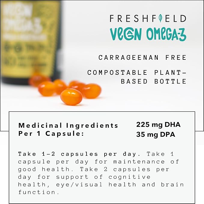 Freshfield Vegan Omega 3 DHA: Algae Oil, Carrageenan Free, Sustainably Sourced, Tested, No Heavy Metals, Replacement for Fish Oil, Carbon Neutral. Supports Heart, Brain, Joint Health w/DPA